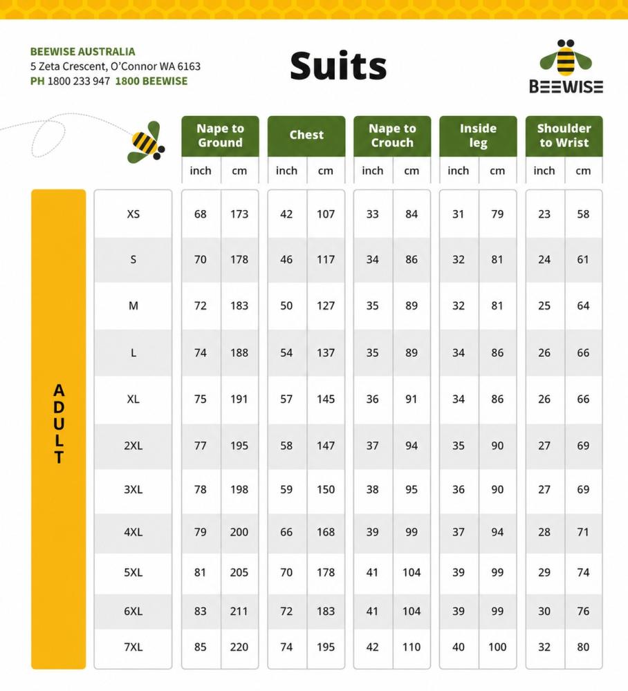 Beewise adult bee suit size chart