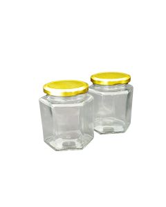 Jar Glass Hexagonal 730mL / 1kg + Gold Lid (Pack 45)