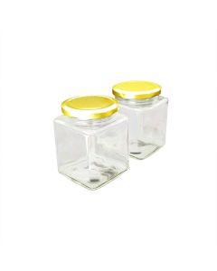 Jar Glass Square 370mL / 500g + Gold Lid (Pack 12)
