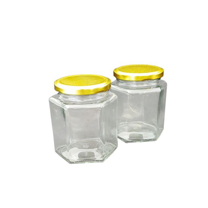 Jar Glass Hexagonal 370mL / 500g + Gold Lid SHIPPING SAFE STYRO PACK 60