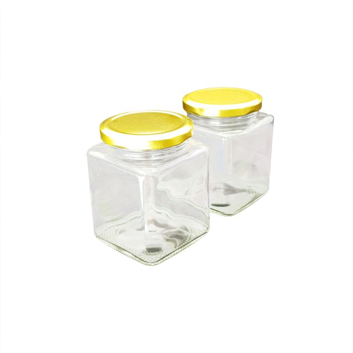 Jar Glass Square 370mL / 500g + Gold Lid (Pack 12)