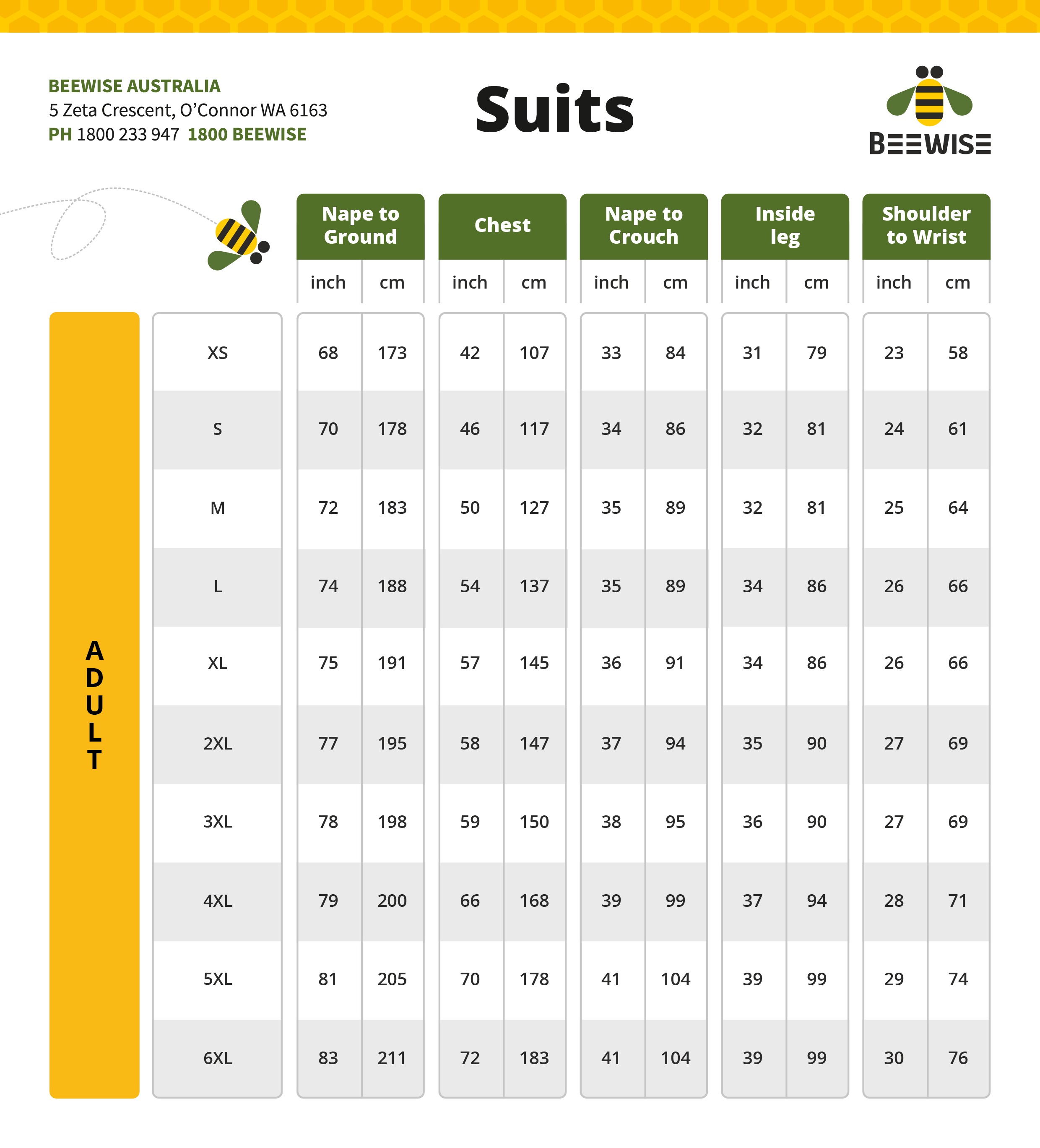 Beewise adult bee suit size chart