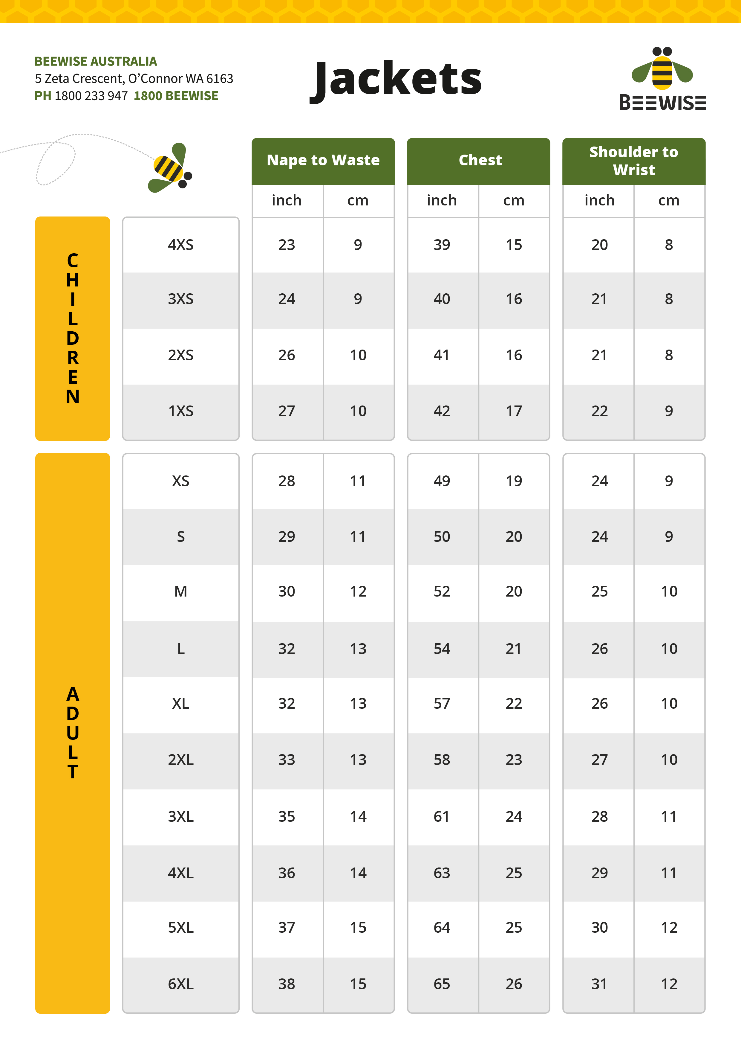 Beewise beekeeping jacket size chart