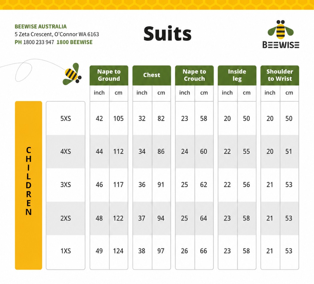 Bee suit size chart