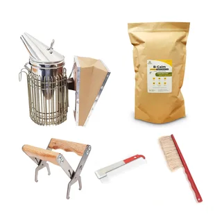 Beekeeping tool kit with smoker, fuel, hive tool, bee brush and frame gripper