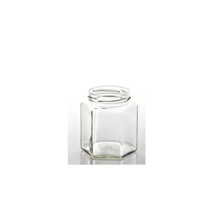Jar Glass Hexagonal 500g + Lid (Min 10 Ship)